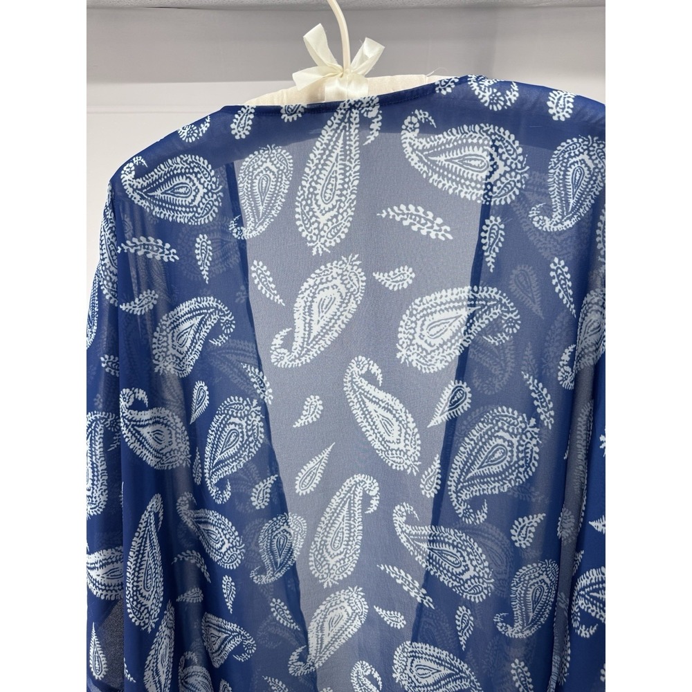 Women's Blue Paisley Sheer Kimono Cover Up Tie Front 3XL Lightweight Resortwear - Picture 6 of 9